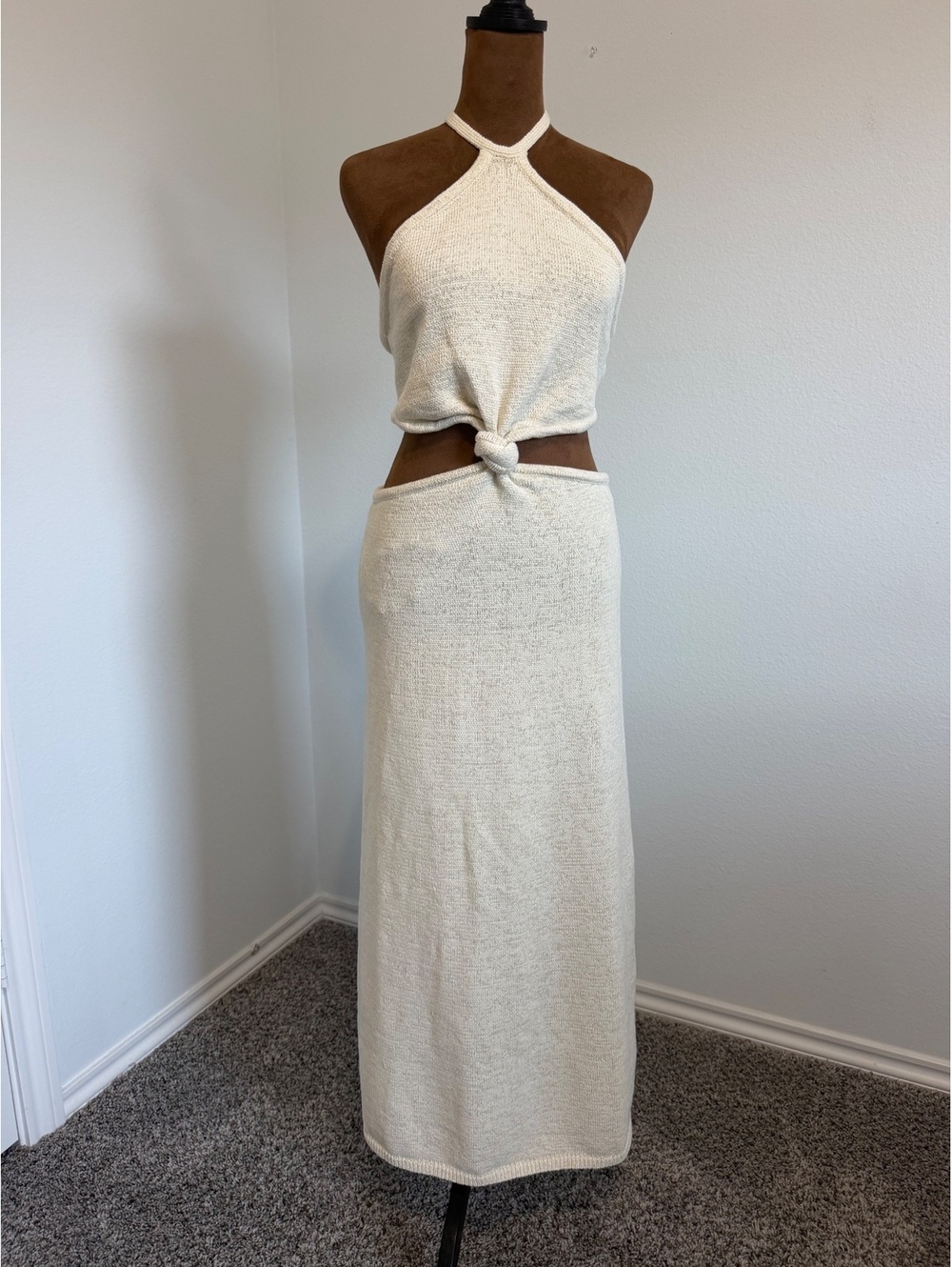 CULT GAIA Cream Halter Neck Cutout Cotton Blend Knit Midi Dress Women's Size XL
